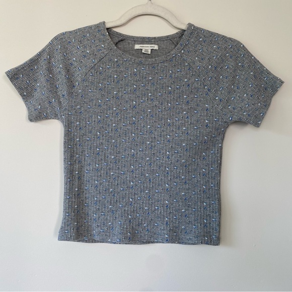 American Eagle Ribbed Cropped Ditzy Floral Top Gray Blue Size S - Picture 1 of 6